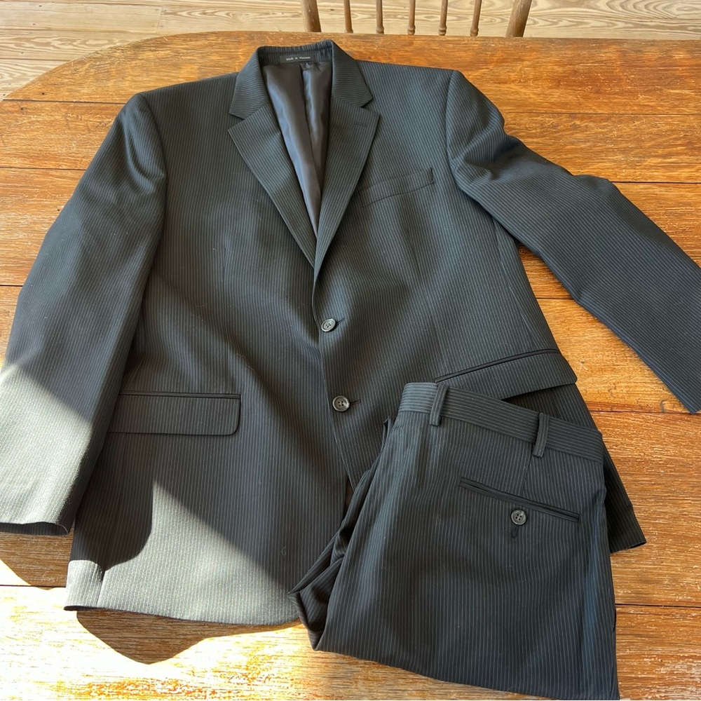 Chaps Two Piece Suit Black Pinstripe Men’s  44R Blazer 36Wx30L Pants
